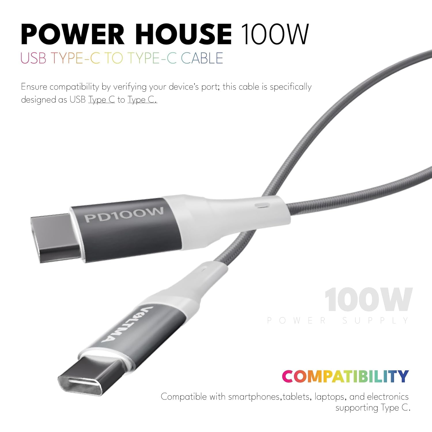 Cable de carga Voltma Premium USB C a USB C de 100 watts.